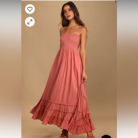 Lulus Dresses & Skirts - Serene Sunshine Rose Swiss Dot Smocked Cutout Tiered Maxi Dress